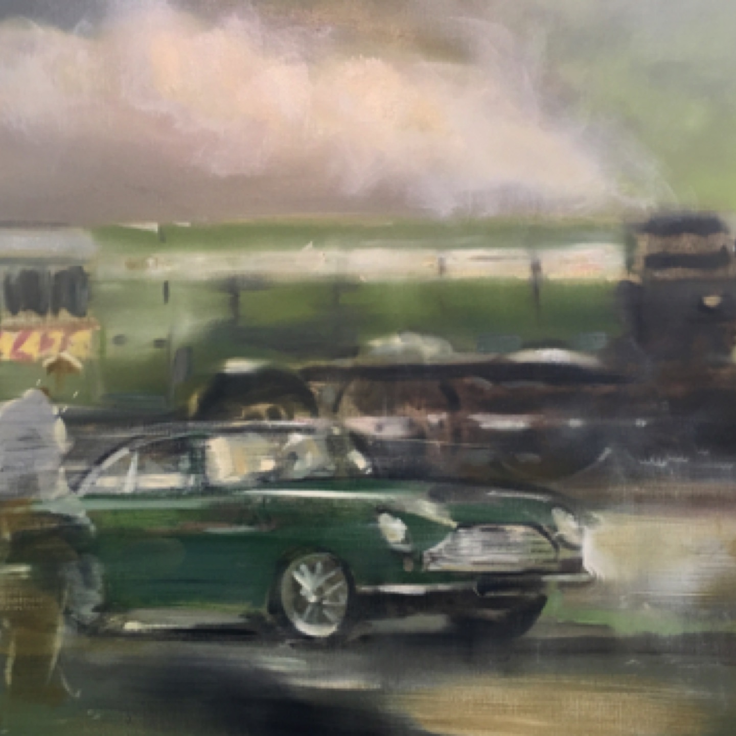 Gregg Chadwick
Rain, Steam, and Speed (Aston Martin DB4 and The Flying Scotsman)
30"X40" oil on linen 2019
Pepi Kelman & Coles Brewer Collection, Pacific Palisades, California
Sold September 2021